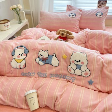 卡通牛奶絨 床上四件套 加厚保暖條紋床包組 小象珊瑚絨 秋冬被套床單三件套