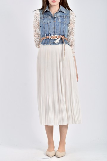 (S) 【德馨私服】moma質感丹寧牛仔長袖假兩件蕾絲簍空白色綁帶洋裝