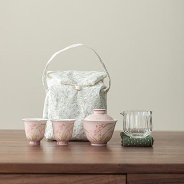 彌言釉下彩純手繪蘭花蓋碗粉色女士泡茶碗套裝旅行茶具收納茶事包