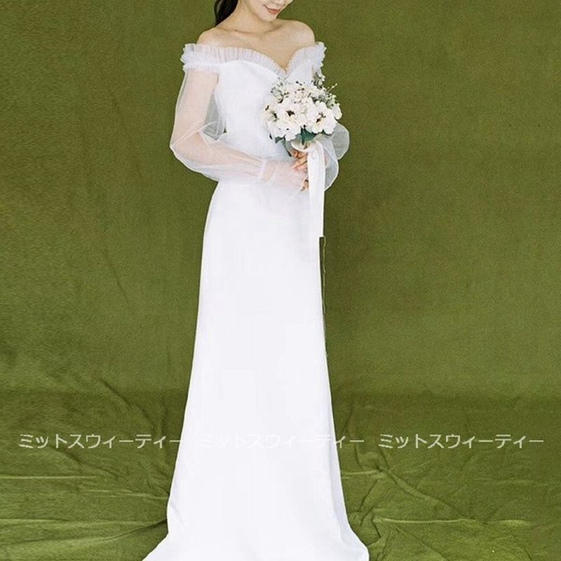 ウェディングドレス Aライン オフショルダー 長袖 ウエディングドレス 二次会 花嫁 パーティードレス 披露宴 ブライダル 結婚式 ロングドレス 白 大きいサイズ 通販 Lineポイント最大get Lineショッピング