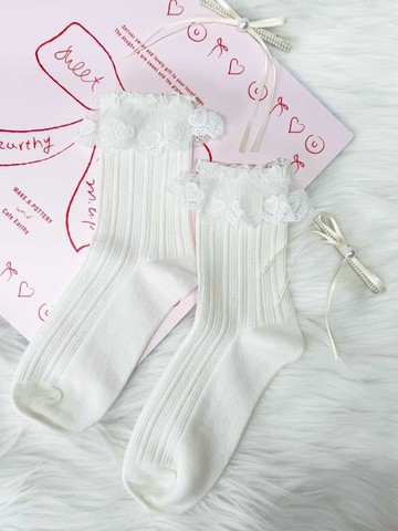 CHRISTINE RUFFLE LACE, 蕾絲荷葉邊短襪