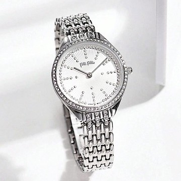 Folli Follie 29毫米 閃耀動人 輕薄時尚  精鑲水晶錶圈  不鏽鋼米蘭帶腕錶(銀 FF230491)