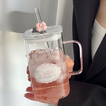 🔥優質玻璃🔥小兔出遊日記卡通玻璃杯高顏值方形牛奶杯子把手吸管水杯簡約方杯玻璃杯 玻璃水杯 質感杯子\t