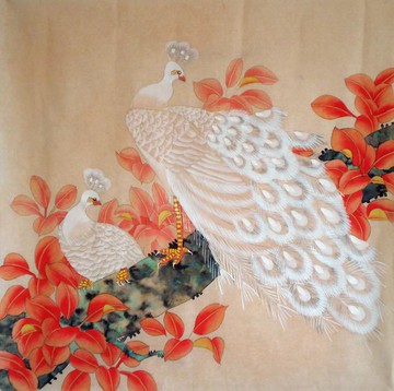 寫意字畫-紅葉白孔雀工筆畫 純手繪四尺鬥方七天預購+現貨