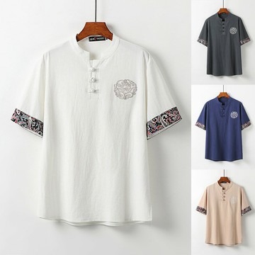 現貨+預購 新中式棉麻上衣棉麻襯衫T恤短袖上衣日系亞麻休閒男裝-中國風盤扣5色74lk27【獨家進口】【米蘭精品】