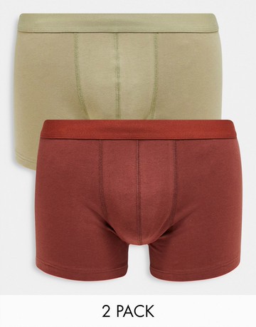 ASOS DESIGN 2 pack trunks in khaki and burgundy-Green