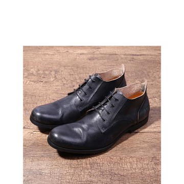 歐美風復古褶皺男靴時尚真皮低幫套腳做舊系帶皮鞋英倫風復古男鞋