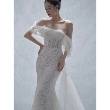 婚紗禮服影樓主題服裝新款攝影拍照藝術照魚尾超仙蕾絲重工白色