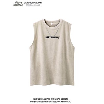 美式街頭項鏈無袖T恤男女夏潮牌寬松嘻哈休閑運動坎肩打底衫背心