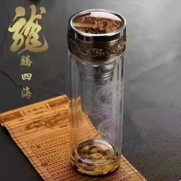 雙層高硼硅龍紋玻璃杯雙層隔熱水杯耐高溫車載商務茶水分離杯泡茶