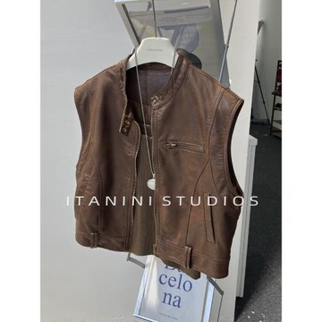 復古皮馬甲女短款2025秋裝新款棕色皮衣外套休閑馬夾坎肩無袖背心