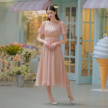 OMUSES 雪紡絲質奶茶色長洋裝