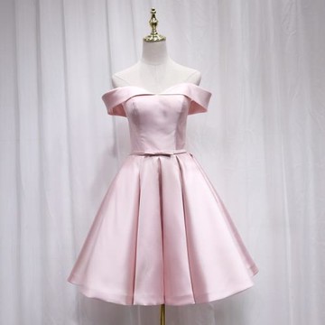 緞面一字肩粉色伴娘服姐妹裙顯瘦年宴會生日派對畢業成人禮晚禮服