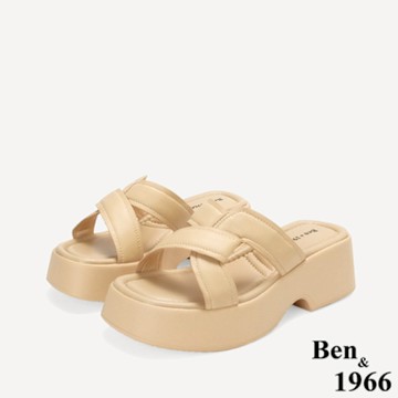 Ben&1966高級柔軟羊皮編織感厚底拖鞋-杏(256071)