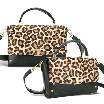 TOD S Timeless T字銅金釦皮草豹紋翻蓋兩用包-2款可選