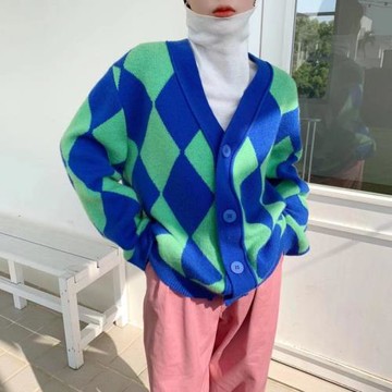 2024春新款韓版減齡菱形格休閑針織開衫外套女ins潮氣質毛衣秋冬