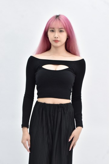 (S) air space 棉質 bra top圓領黑色長袖上衣