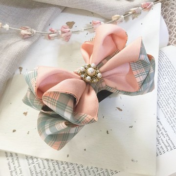 哈密瓜 / 橘綠撞色格紋立體蝴蝶結香蕉夾 鯊魚夾 彈簧夾 包頭壓夾