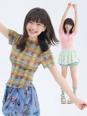 雙色彈力網紗格紋短袖打底清新甜美復古休閒百搭