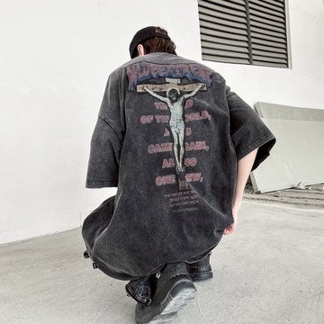 MRNEARLY做舊水洗高街風暗黑系印花歐美復古t恤男短袖ins潮牌上衣