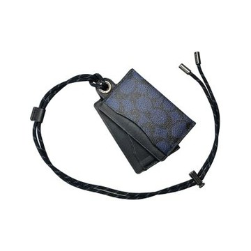 COACH藍黑C Logo PVC/黑色真皮頸掛式證件票卡夾組