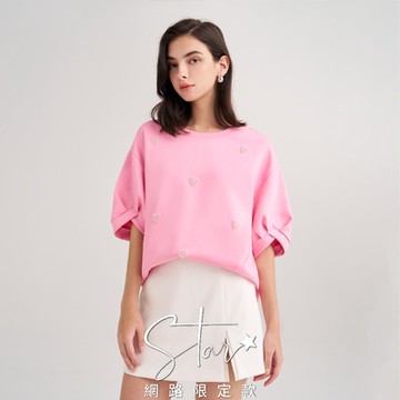 SO NICE 愛心珍珠寬鬆燈籠袖長版落肩上衣