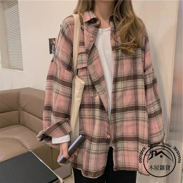 格子襯衫女設計感長袖襯衣外穿春秋韓版寬鬆中長款上衣外套【木屋雜貨】