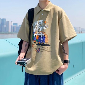 美式t恤男款夏季潮牌潮流襯衫重磅polo衫短袖七分袖男裝夏裝衣服