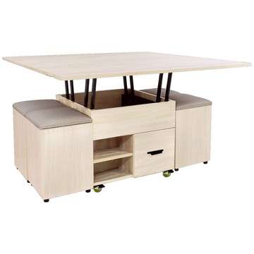 IHouse-春樹 台製免組裝1桌4椅 緩衝+萬向輪 機能升降茶几/餐桌/工作桌/電腦桌/變形金剛古橡