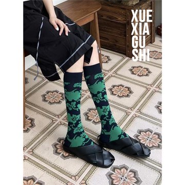 靴下故事 復古綠色花朵小腿襪小眾設計顯瘦長筒襪高端ins潮高筒襪