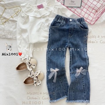 🌈✨mix1001 質感甜心淡粉柔紗蝴蝶結微喇叭長褲✨兒童長腿感合身小喇叭長褲 5-17