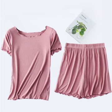 韓版家居服女木耳邊休閑大碼短袖短褲套裝莫代爾睡衣螺紋百搭ins