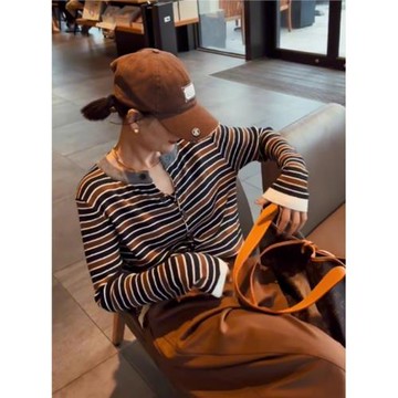 2025年春季新款v領條紋打底衫針織開衫毛衣女內搭韓系小個子上衣