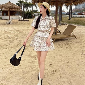 錦粹林夏季新款甜美高腰白色碎花半身裙小個子蓬松法式千層短裙女