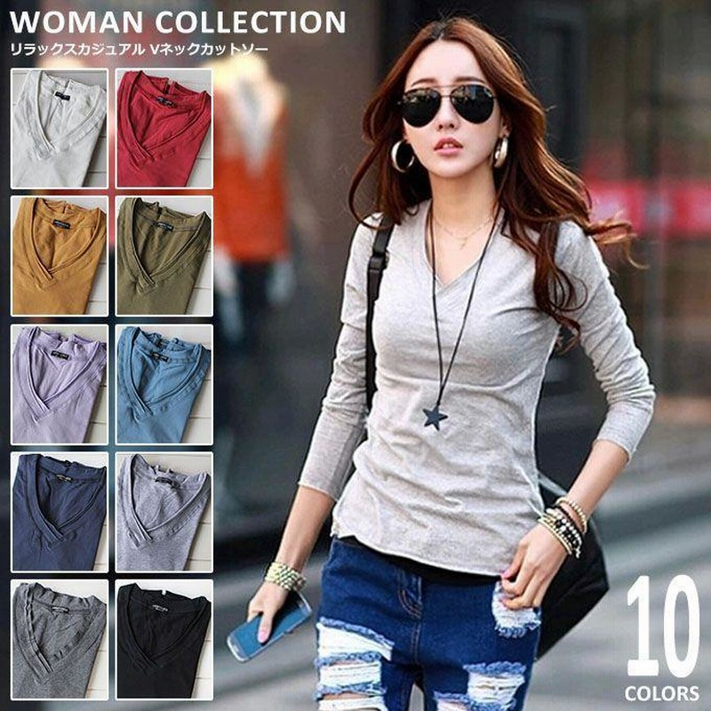 カットソー 長袖 レディース Vネック ロンt 無地 赤 レッド ストレッチ M L Tシャツ Tシャツ トップス シンプル 黒 ブラック 白 ホワイト かわいい おしゃれ 楽 通販 Lineポイント最大0 5 Get Lineショッピング