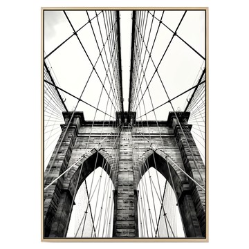 紐約布魯克林大橋藝術牆面裝飾畫，黑白攝影畫芯，多種尺寸可選  50 x 70cm  木色