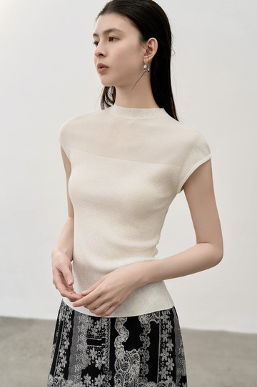 法式極簡 蠶絲羊毛微透鏤空短袖T恤