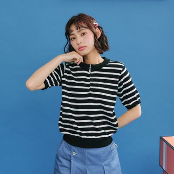 【Dailo】半開襟拉鍊式短袖針織上衣 黑 白 灰