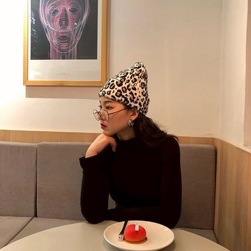 豹紋網紅毛線帽子女冬潮韓版日系ins加絨加厚秋冬冷帽翻邊針織帽1入