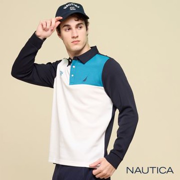 Nautica男裝 撞色拼接長袖POLO衫-藍色