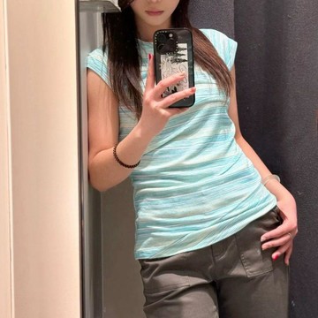 限量聯名💥歐美女短袖2026夏季新款褶皺修身顯瘦條紋潮流T恤460085K58C
