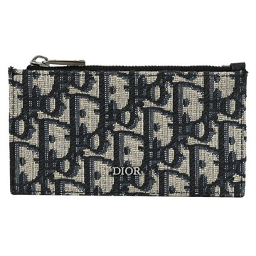Christian Dior 滿版LOGO緹花4卡拉鍊零錢包.深藍