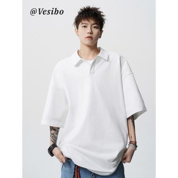 純色翻領polo衫男春季美式寬松短袖t恤簡約百搭青少年半袖上衣潮