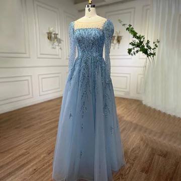 【女神婚紗禮服】優雅氣質串珠公主泡泡長袖方領背後綁帶A字晚禮服LA71915粉嫩藍