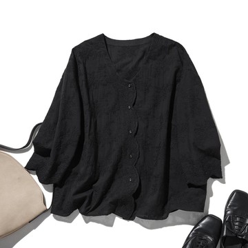 優雅舒適的七分袖蕾絲開襟外套 刺繡純棉100% 黑色 250511-3