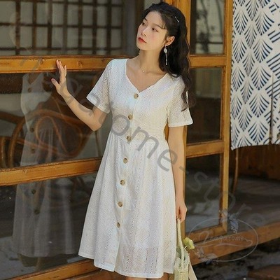 ワンピース レディース 夏 半袖 レースワンピース 可愛い きれいめ 膝丈ワンピース Vネック 通勤 オシャレ カジュアル 着痩せ ゆったり 通販 Lineポイント最大get Lineショッピング