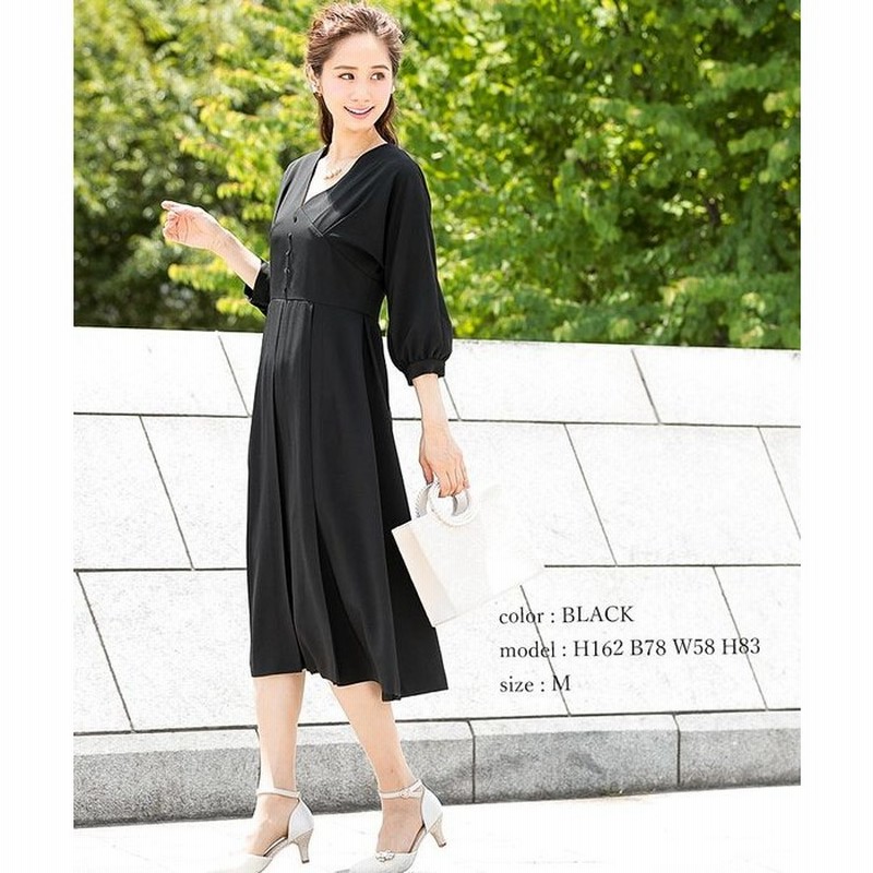 Fashion Letter 結婚式 ワンピース ドレス ボリューム袖 Vネック パーティードレス 謝恩会 入学式 卒業式 母 ママ カジュアル 普段着 大きいサイズ パーティ フォーマル セットアップ 膝下 二次会 女子会 袖あり ドレス お呼ばれ ワンピ 代 30代 40代 ブラック M レディース