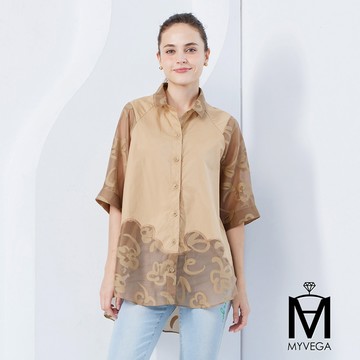 🎈熱銷超值價MA 緹花拼接飛鼠袖雙層領片寬鬆襯衫-卡其