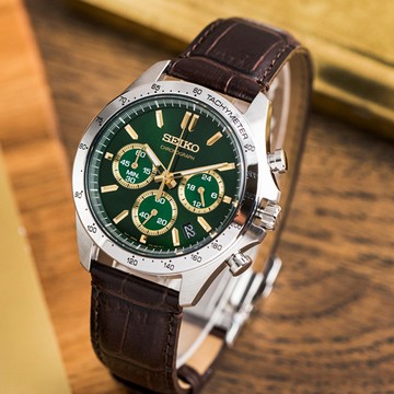 【SEIKO精工】宇宙軌跡三眼皮革腕錶/綠x深棕(SBTR017_M)