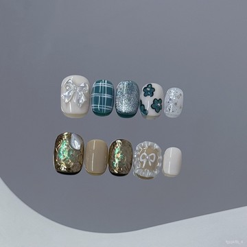 🎀純手工穿戴甲🎀純手工穿戴甲秋冬氣質白青綠格金箔蝴蝶結溫柔顯白可拆卸美甲貼片新年美甲貼片高級感穿戴甲顯白美甲片 YWHP